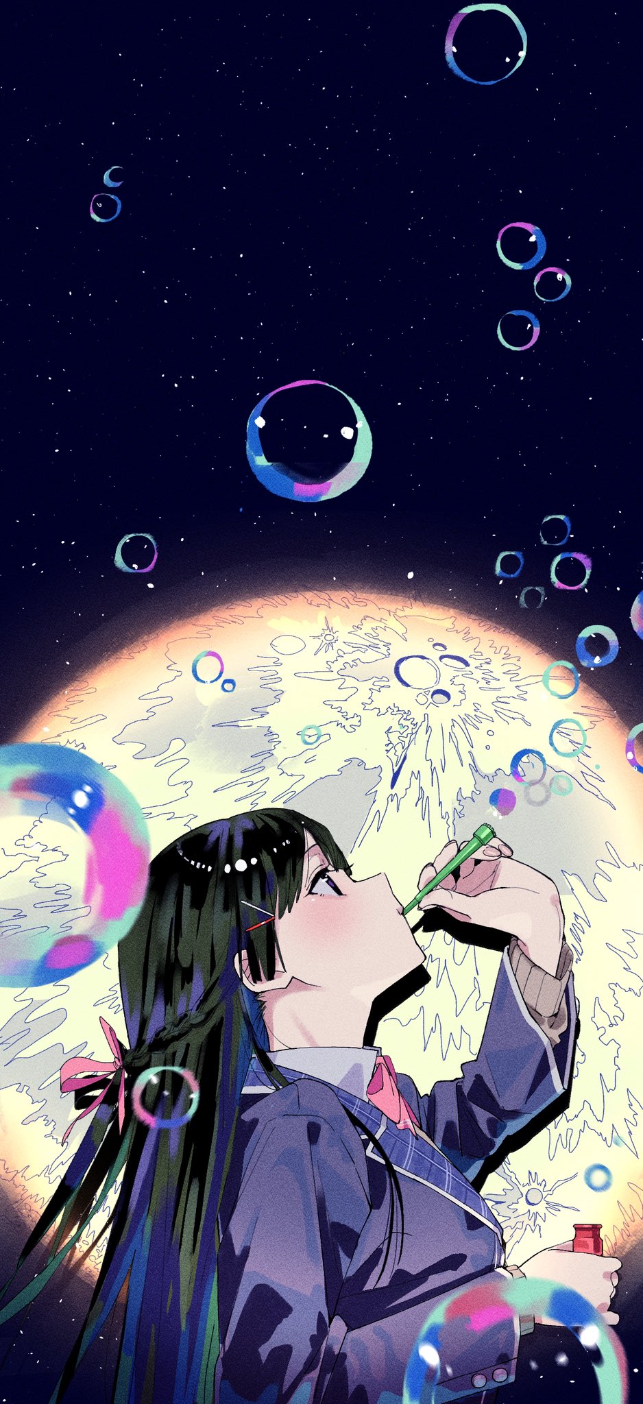1girl, black_hair, blowing_bubbles, blue_jacket, bottle, bow, bowtie, braid, bubble, bubble_pipe, closed_mouth, commentary_request, drop_shadow, from_side, full_moon, hair_ornament, hair_ribbon, hairpin, half_up_braid, hand_up, highres, holding, holding_bottle, jacket, lapels, light_blush, long_hair, long_sleeves, looking_up, moon, multiple_hairpins, mutu_katano, night, night_sky, nijisanji, pink_bow, pink_bowtie, pink_ribbon, plaid_lapels, ribbon, sky, solo, star_(sky), starry_sky, tsukino_mito, tsukino_mito_(1st_costume), upper_body, very_long_hair, violet_eyes, virtual_youtuber