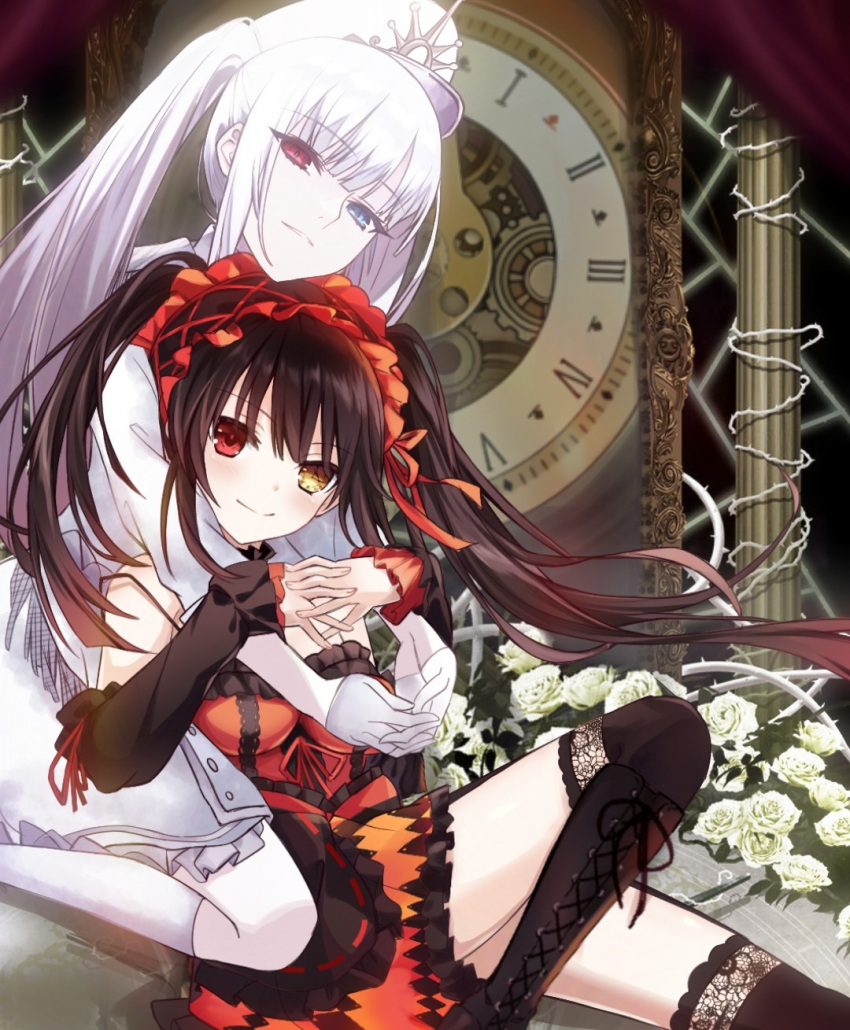 2girls, black_thighhighs, blue_eyes, brown_hair, clock, closed_mouth, date_a_live, dress