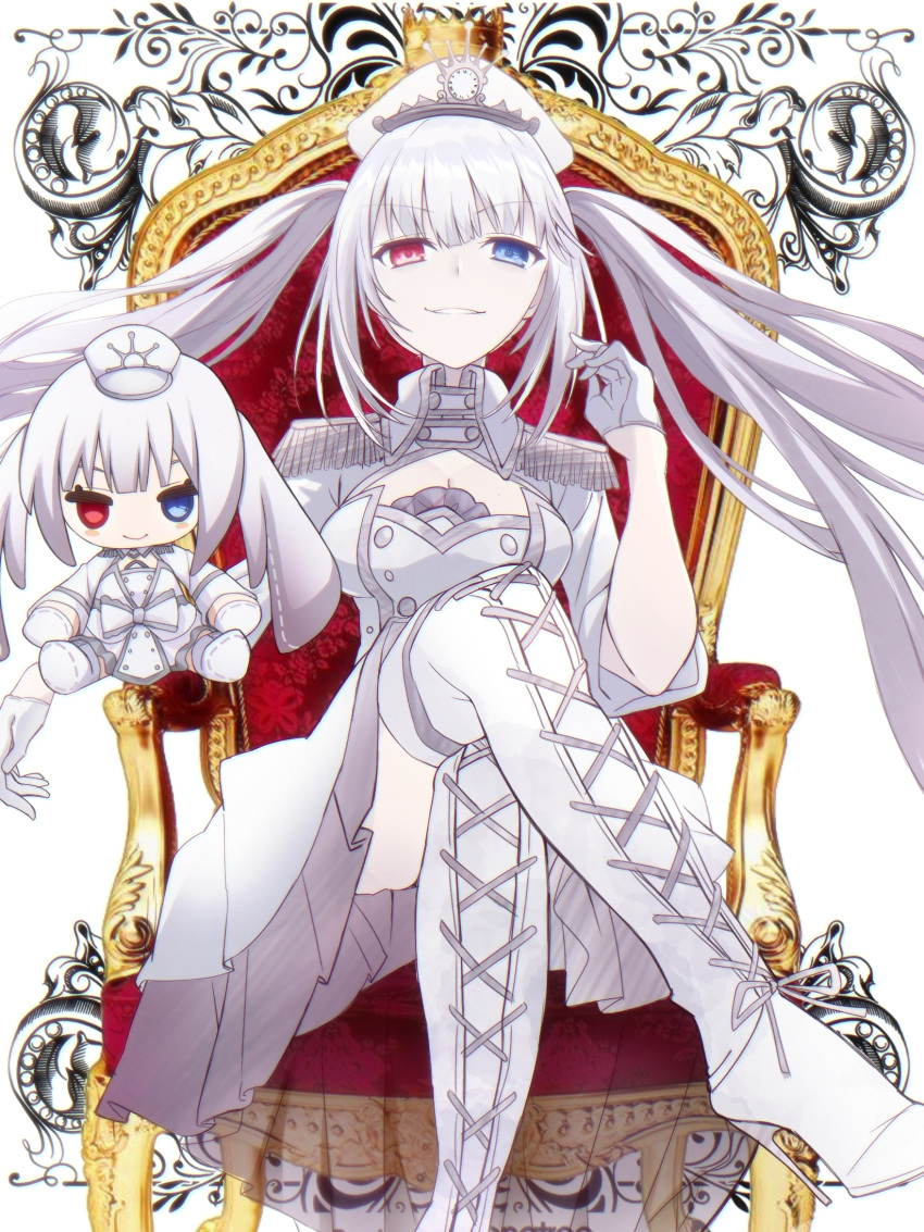 1girl, blue_eyes, boots, chibi, closed_mouth, crossed_legs, date_a_live, dress