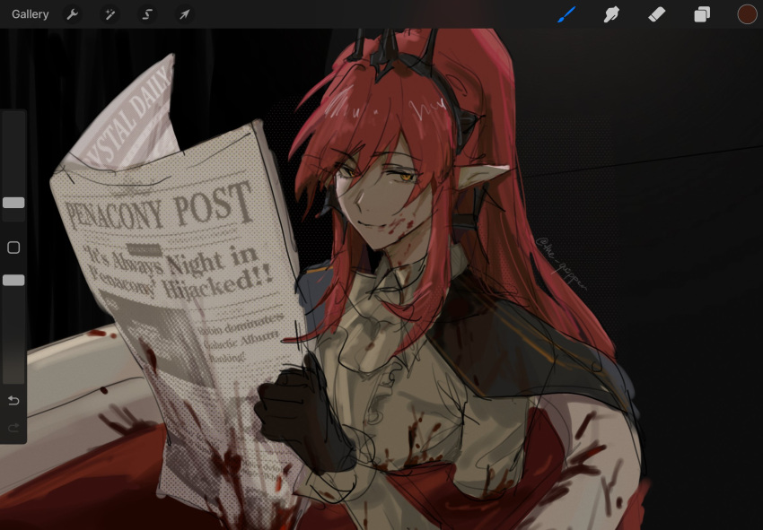 1girl, art_program_in_frame, ascot, bath, bath_of_blood, bathtub, black_gloves, blood