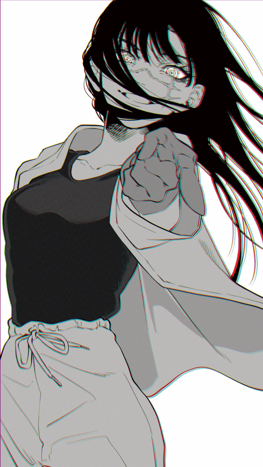 1girl, absurdres, chainsaw_man, finger_gun, grin, haru_rice, highres, jacket