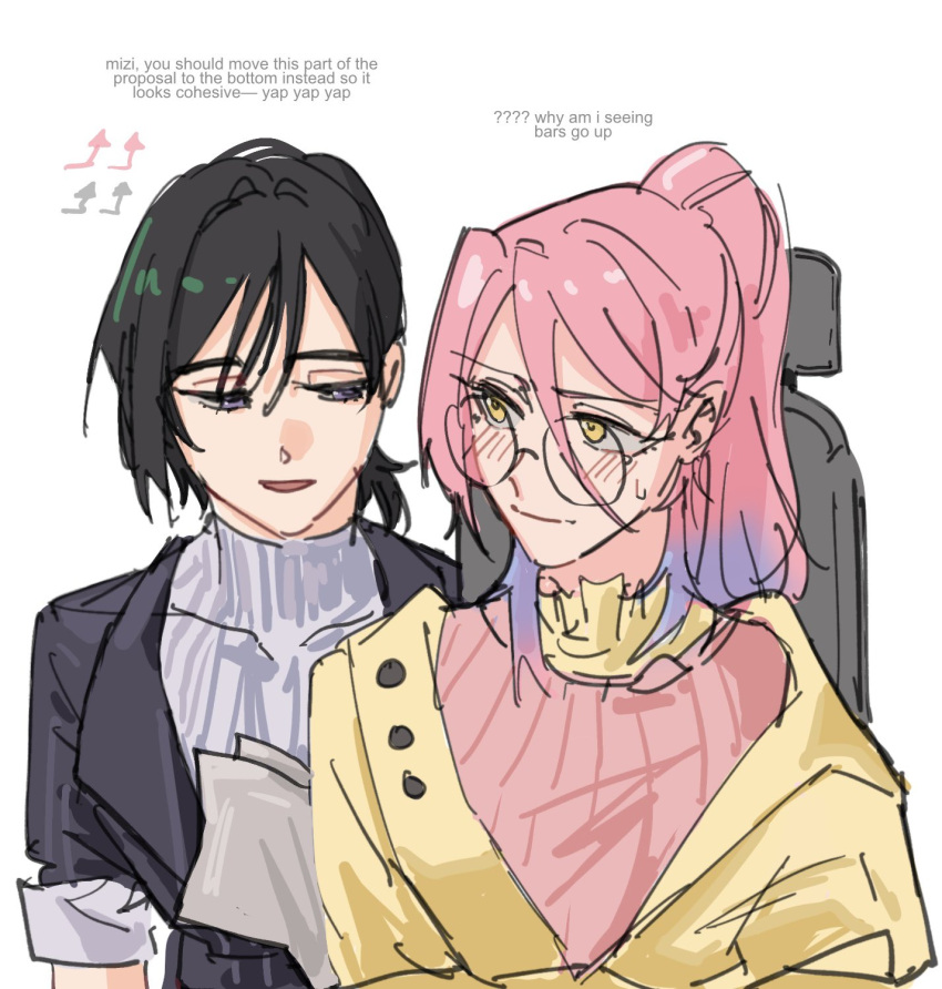 2girls, alien_stage, arrow_(symbol), black_hair, black_jacket, blush, commentary, cosplay