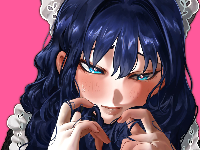 1girl, apron, black_hair, blue_eyes, closed_mouth, hat, highres, hololive