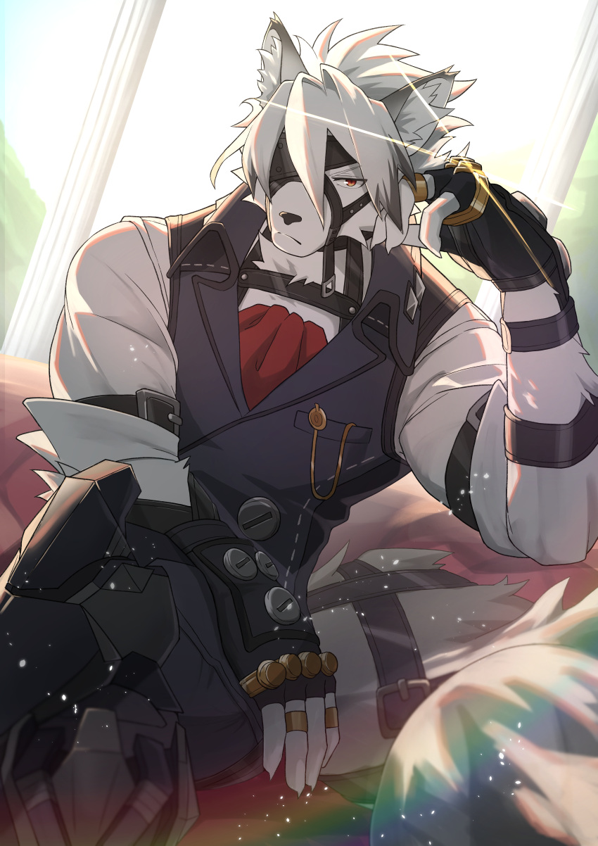 1boy, absurdres, animal_ear_fluff, animal_ears, animal_nose, arm_belt, ascot, body_fur