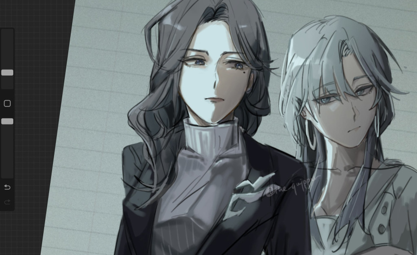 2girls, art_program_in_frame, black_jacket, blue_eyes, closed_mouth, commentary, earrings, english_commentary