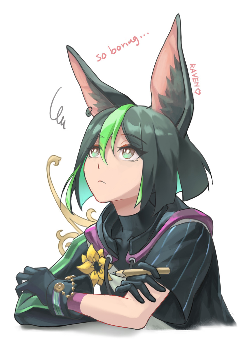 1boy, animal_ear_fluff, animal_ears, artist_name, asymmetrical_sleeves, black_gloves, black_hair, brown_eyes