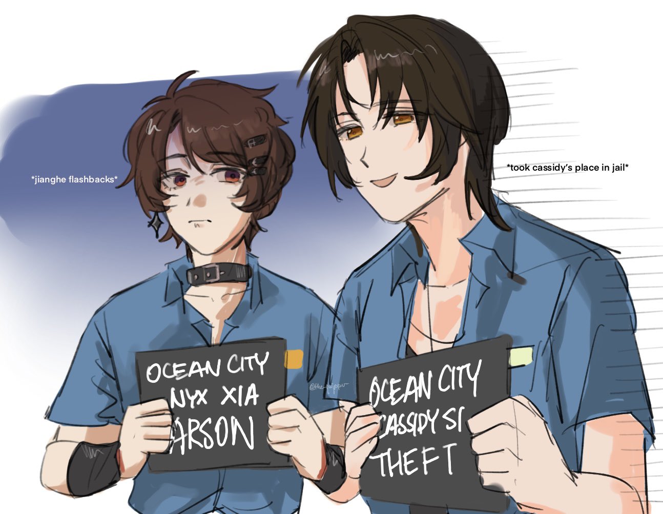 2girls, animal_collar, blue_shirt, brown_eyes, brown_hair, collar, collared_shirt, commentary