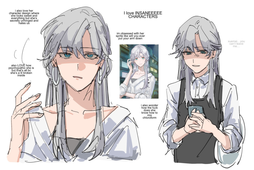 1girl, apron, aqua_eyes, black_apron, cellphone, collared_shirt, commentary, earrings