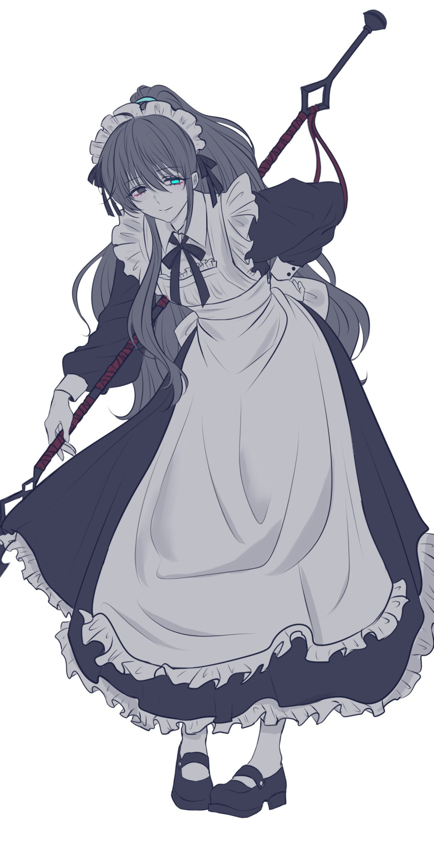 1boy, absurdres, apron, arm_behind_back, black_eyes, blue_eyes, bowing, collared_dress