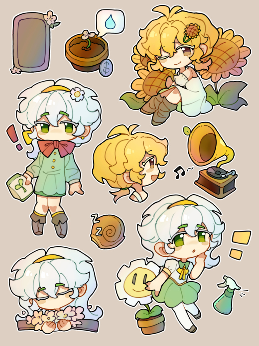 !, 2girls, :d, :o, ;), antenna_hair, bare_shoulders, blonde_hair, boots, bow, bowtie, brown_background, brown_eyes, brown_shoes, brown_socks, bug_spray, buttons, chibi, chibi_only, chinese_commentary, closed_eyes, closed_mouth, collared_shirt, colored_eyelashes, commentary_request, cropped_head, cropped_torso, double-parted_bangs, dress, earrings, fertilizer, flipped_hair, flower, flower_pot, green_dress, green_eyes, grey_boots, hair_between_eyes, hairband, highres, holding, holding_flower, ive0iv7307, jewelry, knee_boots, kneehighs, knees_together_feet_apart, leaf, long_sleeves, looking_ahead, looking_at_viewer, loose_socks, low_ponytail, marigold, marigold_(plants_vs_zombies), medium_dress, medium_hair, multiple_girls, multiple_views, musical_note, no_mouth, no_pupils, off-shoulder_dress, off_shoulder, one_eye_closed, open_mouth, outline, personification, phonograph, plants_vs._zombies, ponytail, puffy_long_sleeves, puffy_short_sleeves, puffy_sleeves, red_bow, red_bowtie, shirt, shoes, short_sleeves, simple_background, sitting, smile, snail, socks, standing, standing_on_one_leg, stinky_the_snail_(plants_vs_zombies), stud_earrings, sunflower, sunflower_(plants_vs_zombies), u_u, white_dress, white_eyelashes, white_flower, white_hair, white_outline, white_shirt, yellow_bow, yellow_bowtie, yellow_hairband, zzz
