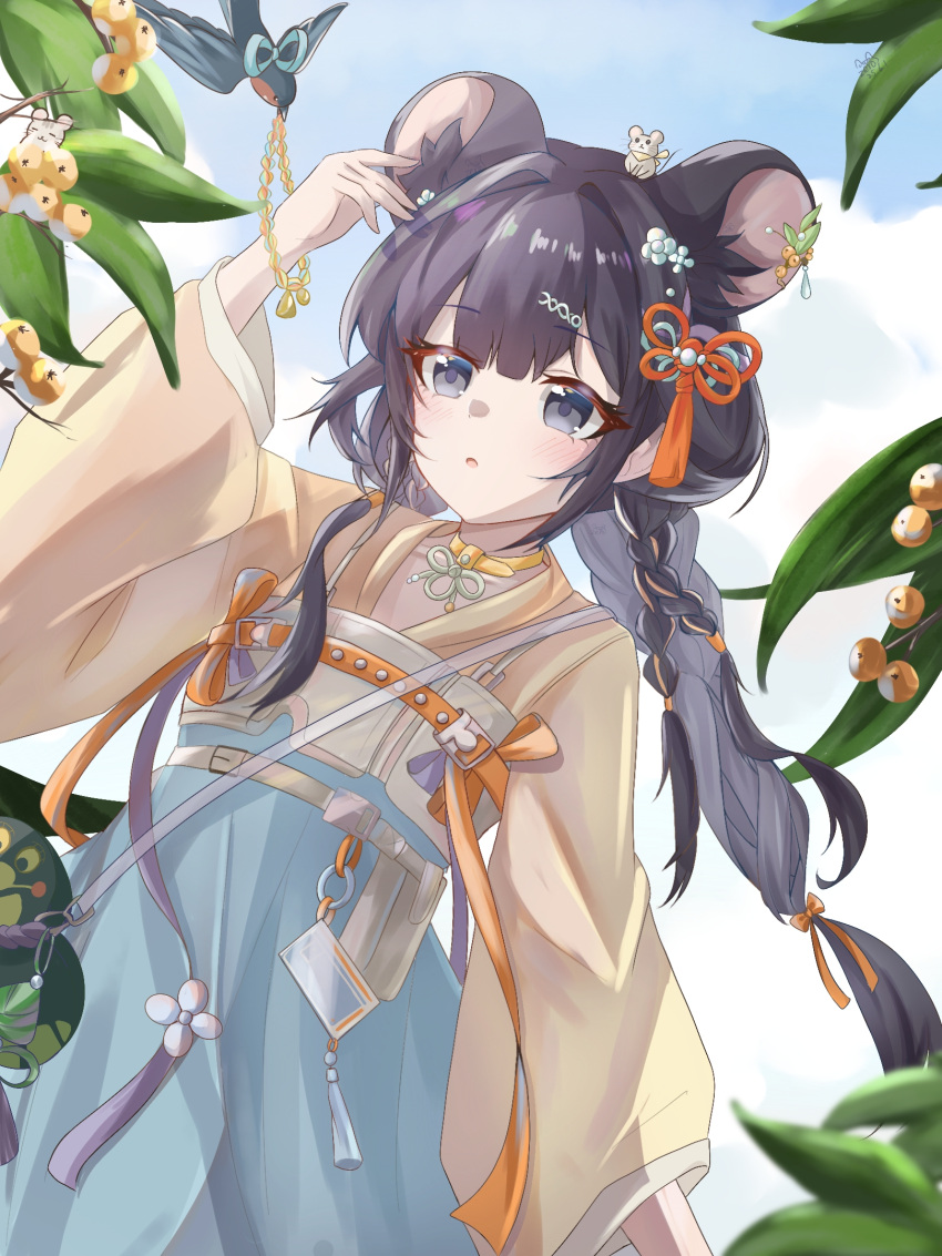 1girl, :o, animal, animal_ears, arknights, arm_up, belt, bird, black_eyes, black_hair, blouse, blue_skirt, blush, braid, chinese_commentary, commentary, hair_ornament, hairclip, highres, leaf, long_hair, long_sleeves, looking_up, lutonada_(arknights), lutonada_(sending_thoughts)_(arknights), mouse_ears, mouse_girl, official_alternate_costume, orange_belt, parted_lips, shirt, skirt, solo, strap, yellow_shirt, zerosama_(sailuojiang)