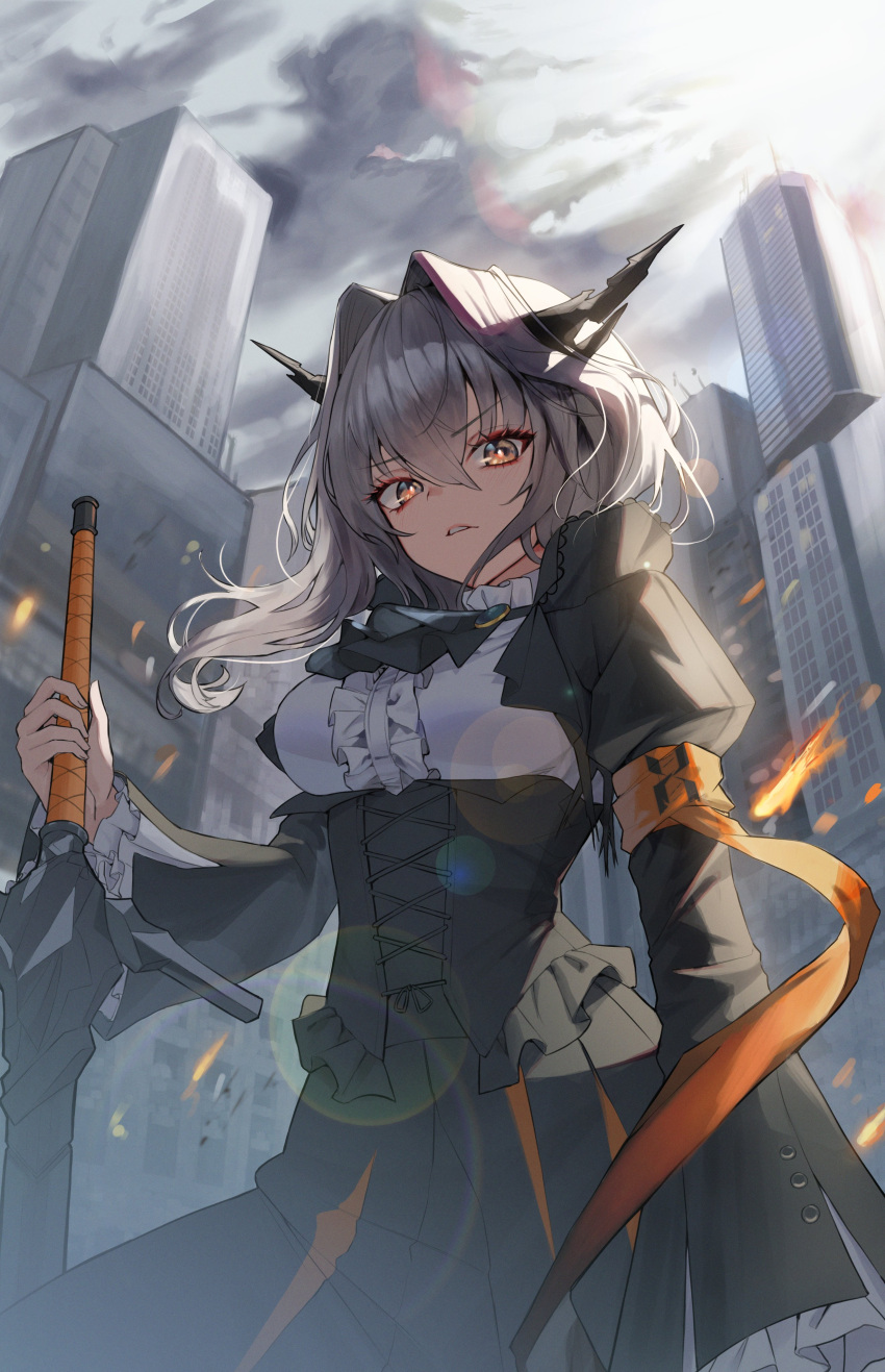 1girl, absurdres, arknights, armband, ascot, black_ascot, black_horns, breasts