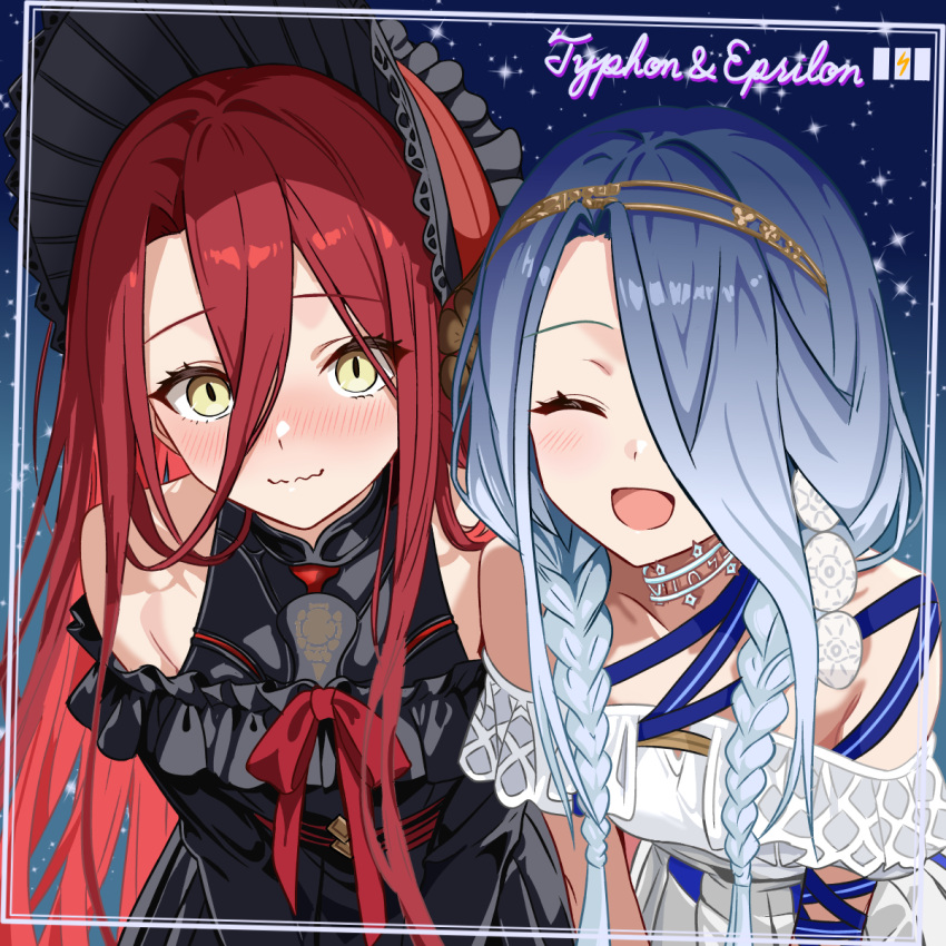 2girls, arm_ribbon, armor, armored_dress, asymmetrical_sleeves, bare_shoulders, black_armor, black_bonnet, black_dress, blue_ribbon, blush, bonnet, braid, breasts, character_name, closed_eyes, dress, dual_persona, fate/grand_order, fate_(series), hair_between_eyes, hair_over_one_eye, high-low_dress, highres, jewelry, long_hair, mismatched_sleeves, multiple_girls, nervous_smile, one_eye_covered, open_mouth, red_hair, red_ribbon, ribbon, small_breasts, smile, tokinin4, twin_braids, typhon_ephemeros_(fate), typhon_ephemeros_(second_ascension)_(fate), typhon_epsilon_(fate), very_long_hair, white_dress, yellow_eyes