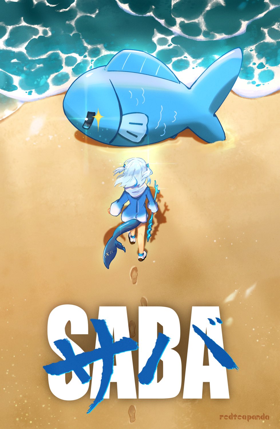 1girl, akira_movie_poster, artist_name, beach, blue_hair, blue_hoodie, day, english_commentary