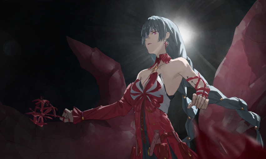 1girl, absurdres, armpit_peek, backlighting, bandage_over_one_eye, bandaged_arm, bandages, bare_shoulders, braid, breasts, collar, commentary, detached_sleeves, dress, earrings, flower, flower_on_chest, grey_hair, highres, holding, holding_flower, jewelry, liro, long_hair, looking_ahead, low_twin_braids, medium_breasts, necklace, parted_lips, phrolova_(wuthering_waves), red_collar, red_dress, red_pupils, red_sleeves, red_spider_lily, single_detached_sleeve, solo, spider_lily, tacet_mark_(wuthering_waves), twin_braids, upper_body, wuthering_waves