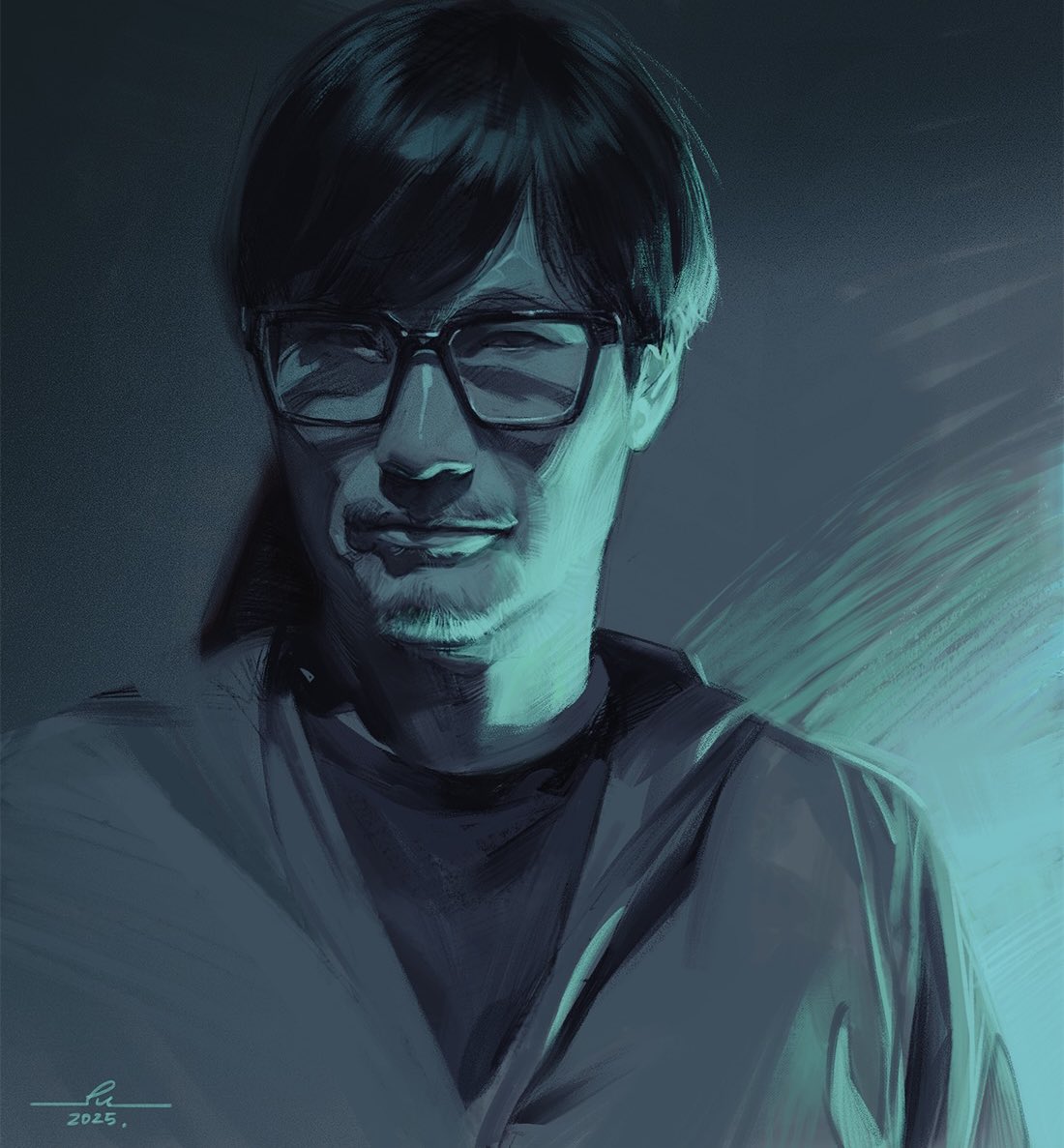 1boy, beard, commentary_request, facial_hair, glasses, green_theme, jacket, kojima_hideo