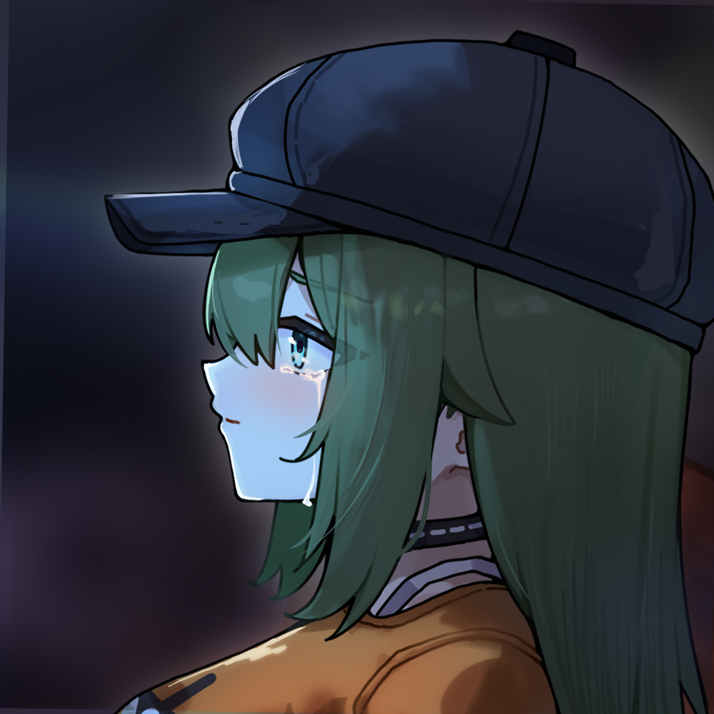 1girl, blue_hat, closed_mouth, commentary, crying, crying_with_eyes_open, from_side, green_eyes