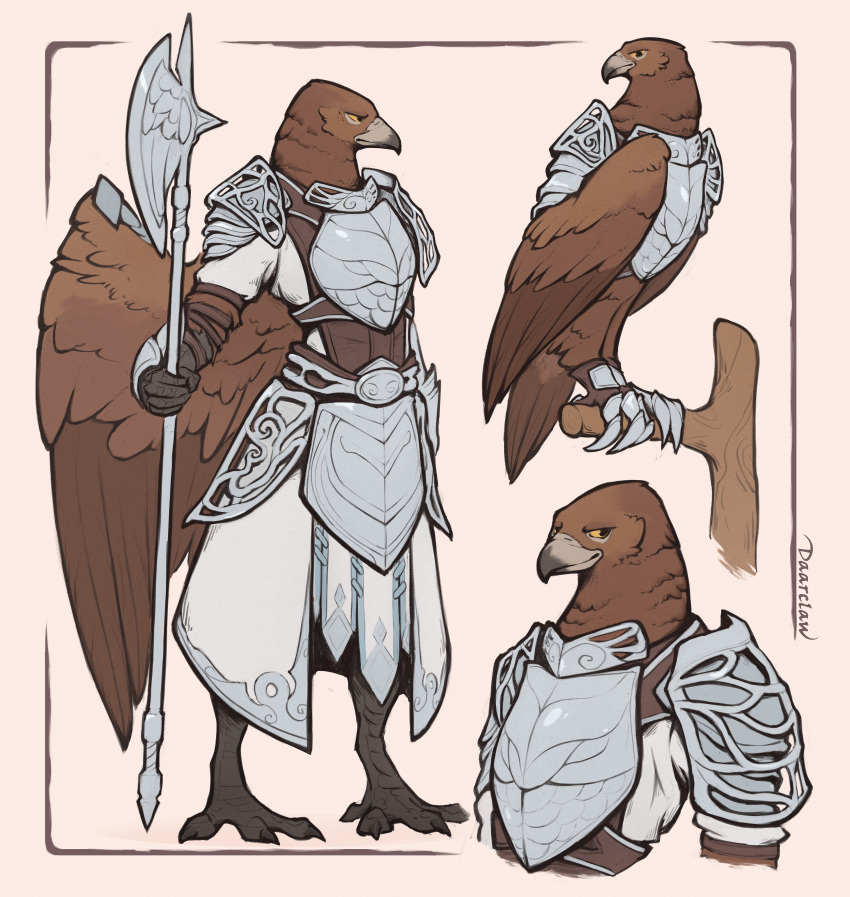 1boy, absurdres, armor, artist_name, beak, bird, bird_boy, breastplate, closed_mouth, colored_sclera, commentary, daarclaw, elden_ring, elden_ring_nightreign, english_commentary, faulds, feathered_wings, full_body, furry, furry_male, gloves, guardian_(elden_ring), highres, holding, holding_polearm, holding_weapon, knight, looking_to_the_side, male_focus, multiple_views, pauldrons, polearm, shoulder_armor, sideways_glance, smile, standing, weapon, wings, yellow_sclera