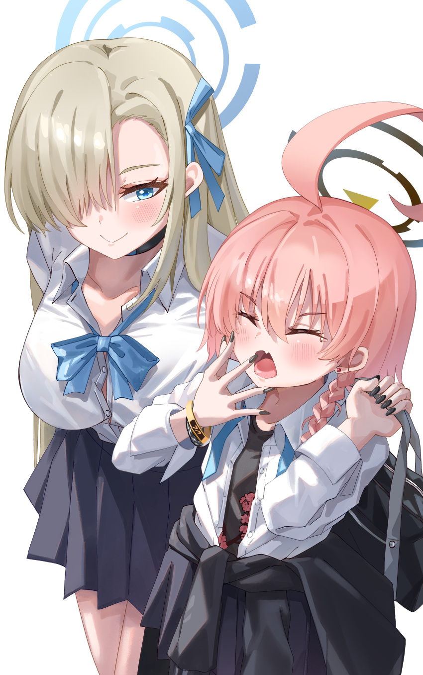 2girls, absurdres, ahoge, arms_behind_back, asuna_(blue_archive), asuna_(school_uniform)_(blue_archive), bag, black_bag, black_jacket, black_nails, black_shirt, blonde_hair, blue_archive, blue_bow, blue_eyes, blue_skirt, blush, bow, bracelet, braid, breasts, closed_eyes, closed_mouth, fang, floral_print, hair_between_eyes, hair_over_one_eye, highres, holding, holding_bag, huge_ahoge, jacket, jewelry, large_breasts, long_hair, looking_at_another, mahoro_(minase_mahoro), multiple_bracelets, multiple_girls, neru_(blue_archive), neru_(school_uniform)_(blue_archive), official_alternate_costume, open_mouth, pleated_skirt, red_hair, shirt, sidelocks, single_braid, skin_fang, skirt, smile, white_shirt, yawning