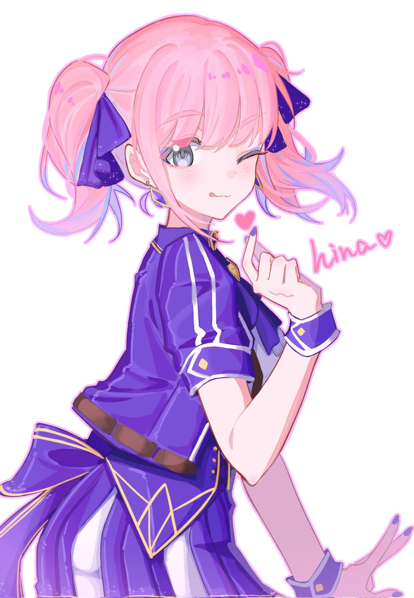 1girl, back_bow, bow, closed_mouth, commentary, corrupted_twitter_file, cowboy_shot, diamond_earrings, earrings, finger_heart, fingernails, from_side, girls_band_cry, gradient_hair, grey_eyes, hair_ribbon, hand_up, heart, highres, hina_(girls_band_cry), jacket, jewelry, looking_at_viewer, looking_to_the_side, multicolored_hair, one_eye_closed, outline, pealerprpr, pink_hair, pink_outline, pleated_skirt, purple_bow, purple_hair, purple_jacket, purple_nails, purple_ribbon, purple_wrist_cuffs, ribbon, short_hair, short_sleeves, sidelocks, simple_background, skirt, smile, solo, striped_clothes, striped_skirt, tongue, tongue_out, twintails, two-tone_skirt, vertical-striped_clothes, vertical-striped_skirt, w, white_background, white_trim, wrist_cuffs, yellow_trim