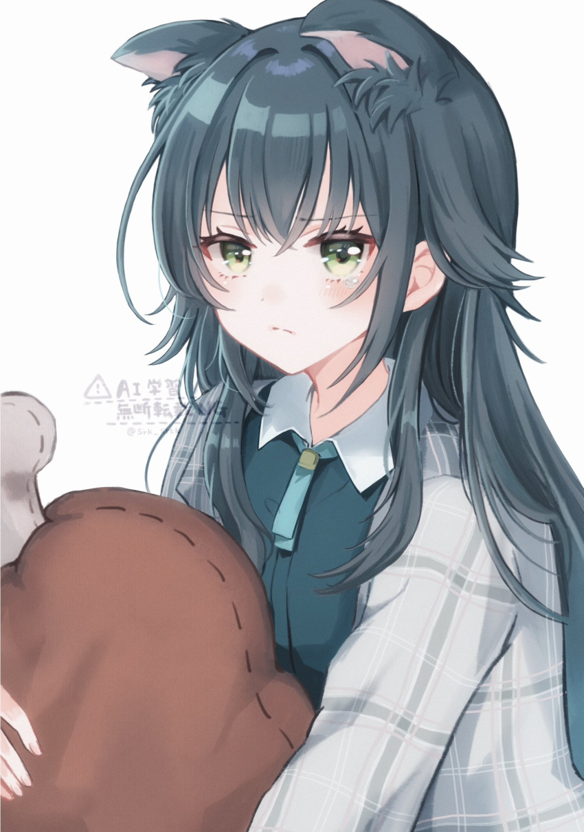 1girl, animal_ears, cat_ears, closed_mouth, coat, collared_shirt, commentary, food-themed_pillow