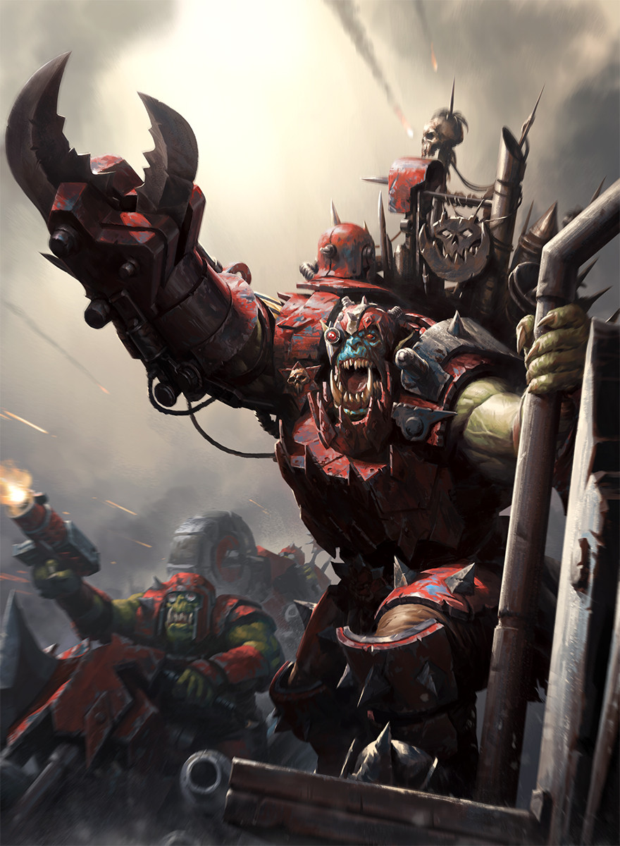 2boys, artificial_eye, claw_(weapon), darren_tan, exhaust_pipe, grey_sky, gun, highres, holding, holding_gun, holding_weapon, leg_armor, mechanical_eye, motor_vehicle, motorcycle, multiple_boys, official_art, on_motorcycle, orc, ork_(warhammer), ork_shoota, sharp_teeth, skull, sky, teeth, warhammer_40k:_conquest, weapon