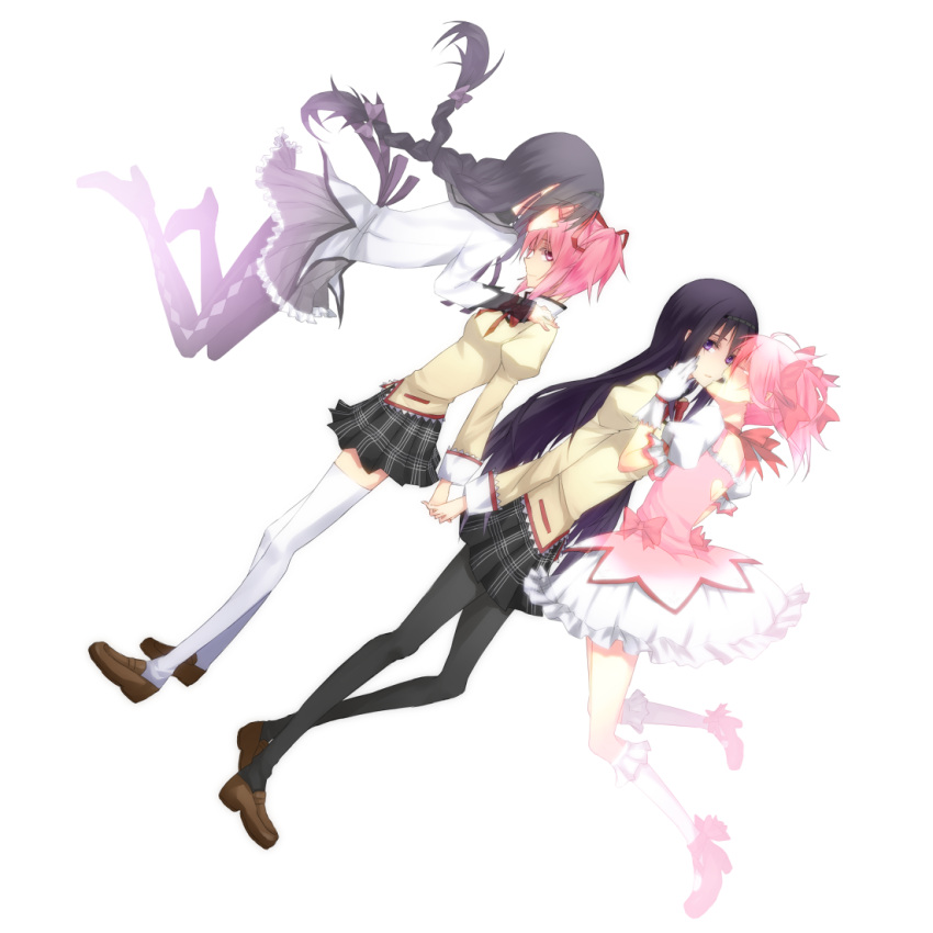 akemi_homura, alternate_hairstyle, black_hair, black_legwear, braid, bubble_skirt, dual_persona, dutch_angle