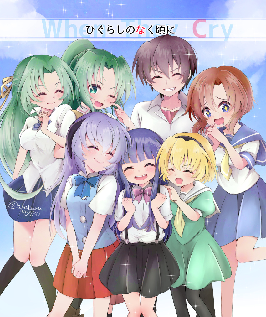 +_+, 1boy, 6+girls, ;d, ^_^, black_hairband, black_horns, black_pantyhose