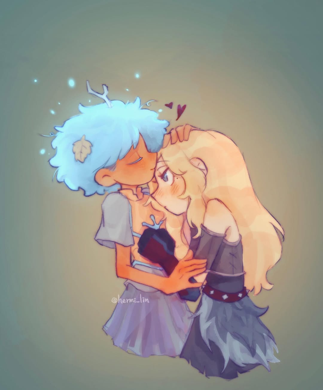 2girls, amphibia, anne_boonchuy, armor, blonde_hair, blue_eyes, blue_hair, blush, breastplate, closed_eyes, closed_mouth, cropped_legs, dark-skinned_female, dark_skin, fur_skirt, gradient_background, heart, hermi, highres, hug, leaf, leaf_on_head, long_hair, looking_at_another, mole, mole_under_eye, multiple_girls, pleated_skirt, resistance_costume_(amphibia), sasha_waybright, short_hair, signature, skirt, spiked_belt, yuri