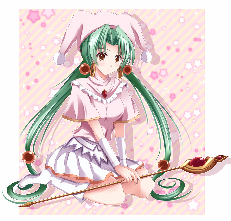 boots, brown_eyes, earrings, green_hair, hair_ornament, hairpin, hat, jester_cap