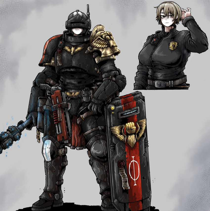 1girl, absurdres, adeptus_arbites, arm_behind_head, armor, belt, breasts, brown_hair, chain, explosive, greaves, grenade, gun, helmet, highres, holding, holding_mace, holding_weapon, holster, large_breasts, mace, octosoup, pauldrons, police, police_badge, pouch, pump_action, purity_seal, riot_shield, shield, shotgun, shoulder_armor, simple_background, solo, vambraces, walkie-talkie, warhammer_40k, weapon