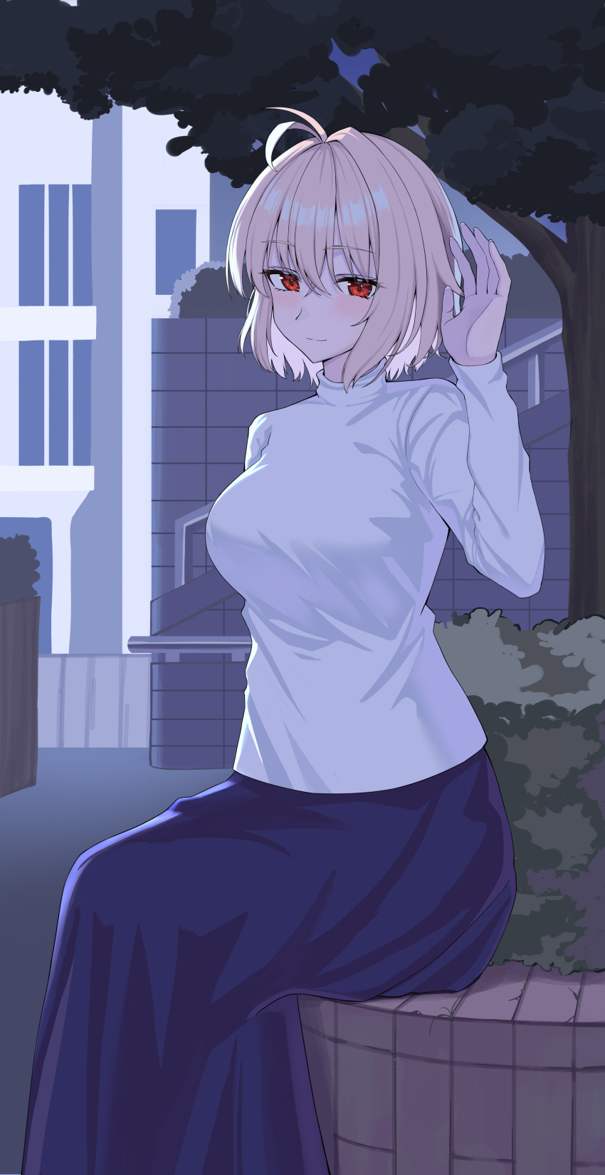 1girl, absurdres, ahoge, arcueid_brunestud, blonde_hair, breasts, building, highres