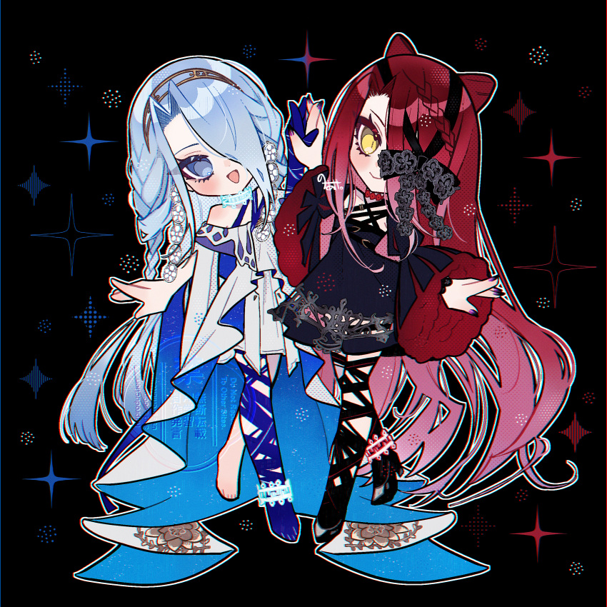 2girls, absurdres, arm_ribbon, asymmetrical_legwear, bare_shoulders, black_background, black_dress, black_nails