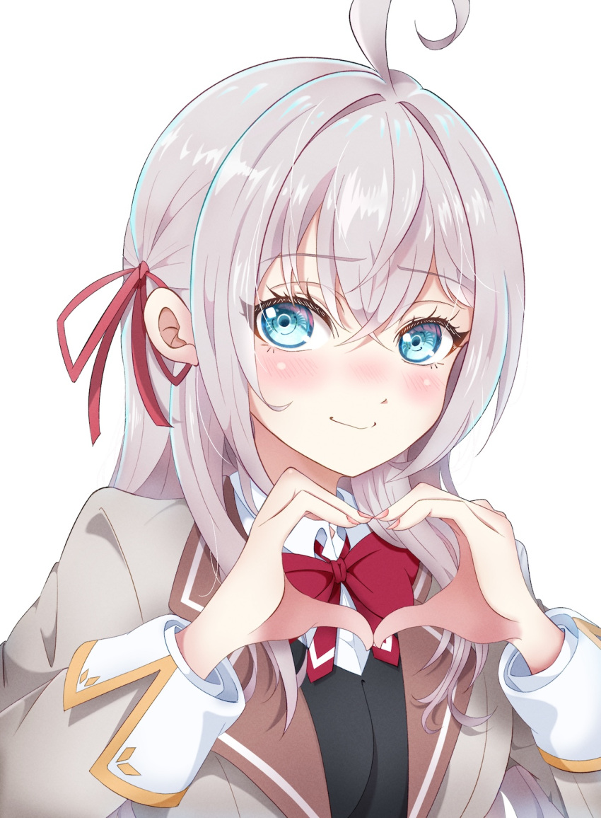 1girl, ahoge, alisa_mikhailovna_kujou, blue_eyes, blush, bow, bowtie, brown_jacket