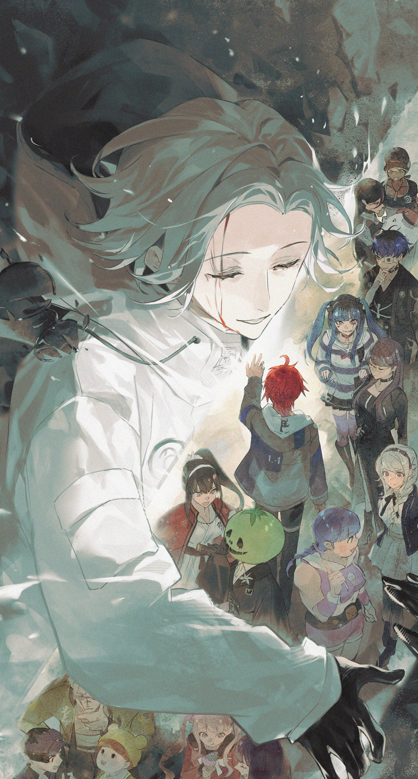 6+boys, 6+girls, absurdres, ahoge, amemiya_darumi, aotsuki_eito, baseball_cap, bbprism