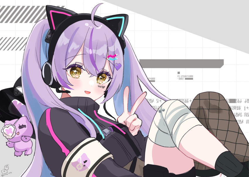 1girl, :d, ahoge, animal, animal_ear_headphones, animal_ears, armband, bandaged_knees