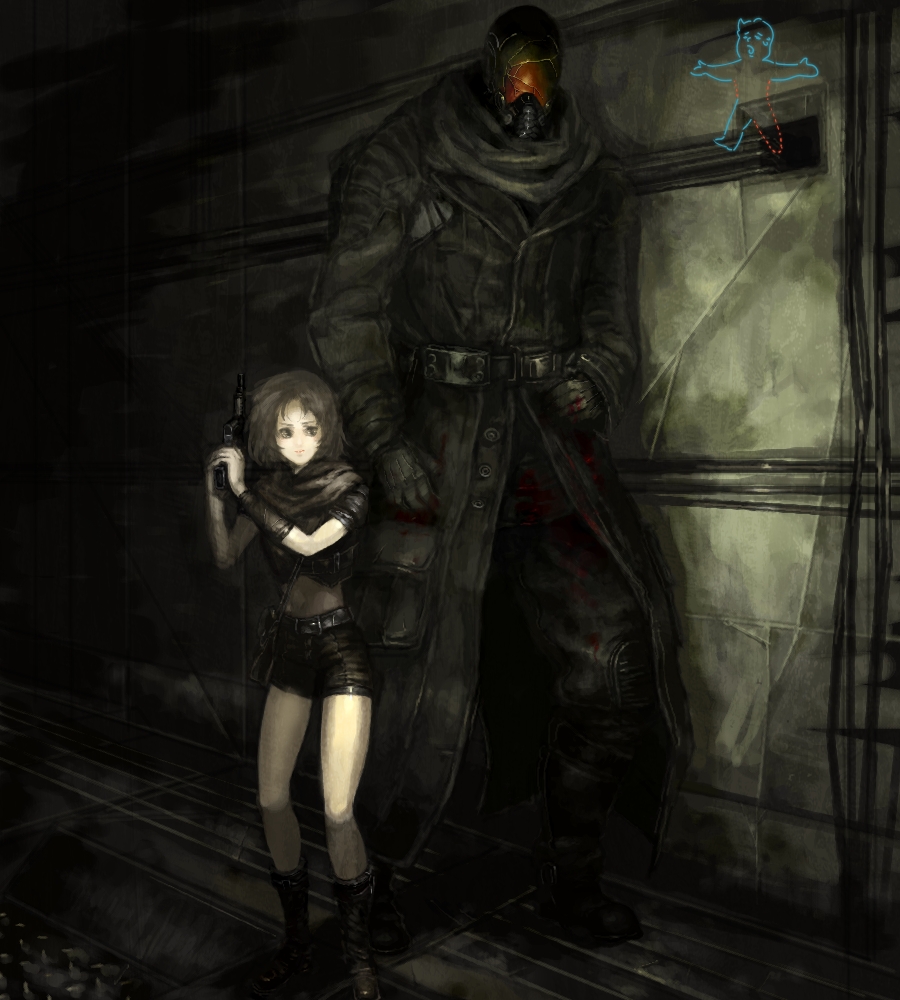belt, blood, boots, brown_eyes, brown_hair, couple, fallout, fallout_3