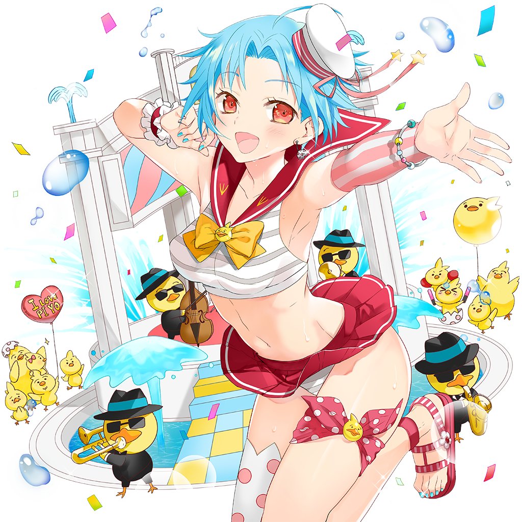 >_<, 1boy, 1girl, 2boys, :d, ahoge, animal, anklet, aqua_nails, armpits, baby_animal, ball, bare_shoulders, barefoot, beachball, beads, bikini, bird, blonde_hair, blue_bow, blue_hair, blue_nails, blush, bow, bowtie, bracelet, breasts, chick, crop_top, cup, dixie_cup_hat, dog, duck, earrings, fang, feet, flower, food, fruit, full_body, green_nails, hat, hat_bow, heart, hose, innertube, jewelry, lifebuoy, looking_at_viewer, manjuu_(azur_lane), merueto, microphone, midriff, military_hat, miniskirt, multiple_boys, nail_polish, navel, non-web_source, open_mouth, orange_eyes, panties, penguin, pool, red_bow, red_eyes, red_nails, red_skirt, ribbon, ring, rubber_duck, sailor_bikini, sailor_collar, sailor_hat, sandals, sapphire_(uchihime), scrunchie, see-through_clothes, shirt, short_hair, skirt, sleeveless, sleeveless_shirt, smile, solo, sparkle, splashing, standing, star_(symbol), stomach, striped_bikini, striped_clothes, surfboard, swim_ring, swimsuit, toenail_polish, toenails, toes, top_hat, uchi_no_hime-sama_ga_ichiban_kawaii, underwear, water, water_gun, wet, white_panties, wrist_scrunchie, yellow_bow