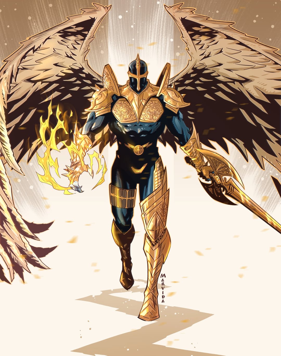 1boy, angel, angel_wings, armor, blue_bodysuit, bodysuit, boots, energy, fingernails, full_body, gold_armor, highres, holding, holding_weapon, long_sword, looking_at_viewer, male_focus, open_hand, redeemer_(spawn), sharp_fingernails, shoulder_armor, spawn_(comic), sword, walking, weapon, wings