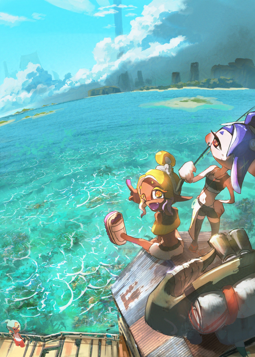 +_+, 1other, 2girls, :/, absurdres, androgynous, big_man_(splatoon), bikini
