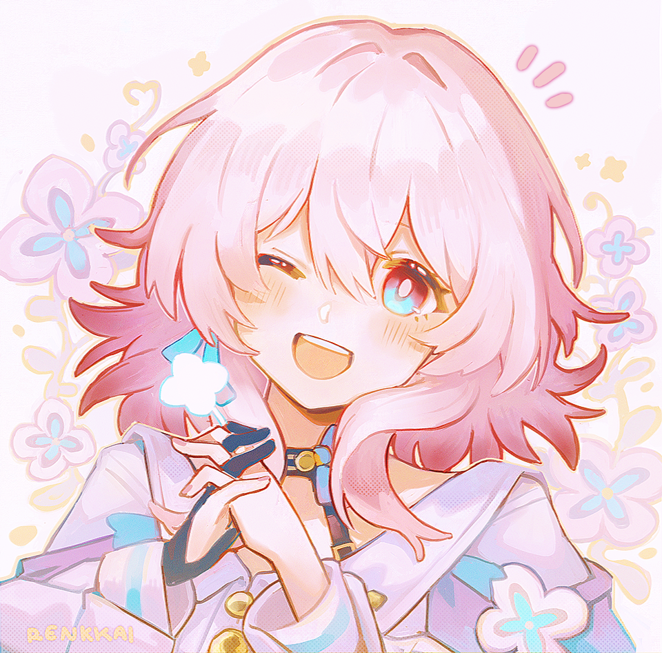 1girl, blue_eyes, blush, english_commentary, flower, gloves, gradient_hair, hair_between_eyes, honkai:_star_rail, honkai_(series), interlocked_fingers, long_sleeves, looking_at_viewer, march_7th_(honkai:_star_rail), march_7th_(preservation)_(honkai:_star_rail), multicolored_hair, notice_lines, one_eye_closed, open_mouth, own_hands_together, pink_flower, pink_hair, red_hair, renkkai, signature, single_glove, solo, upper_body