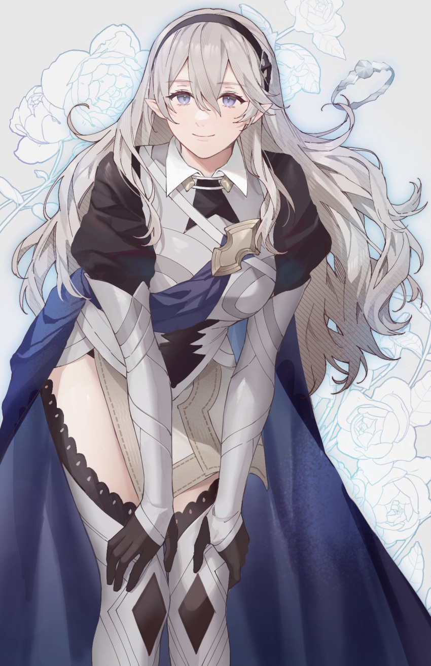 1girl, ai_tkkm, armor, black_gloves, black_hairband, blue_cape, cape, commentary_request