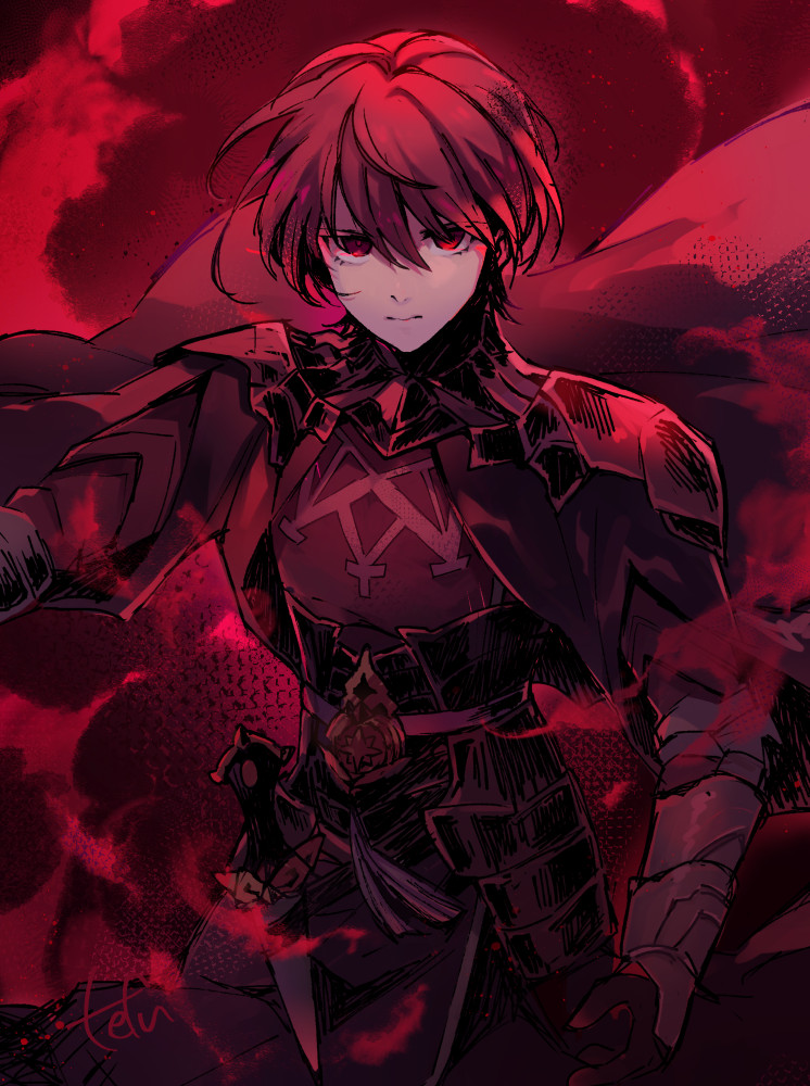 1boy, armor, black_cape, cape, commentary_request, dark_persona, fire_emblem, fire_emblem:_three_houses, fire_emblem_engage, hair_between_eyes, male_byleth_(emblem)_(fire_emblem), male_byleth_(fire_emblem), male_focus, official_alternate_hair_color, red_aura, red_eyes, red_hair, red_theme, short_hair, solo, standing, tefutene