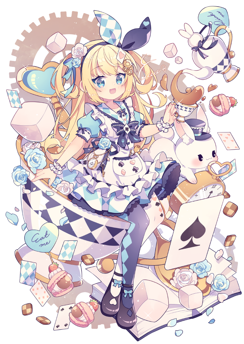 1girl, :d, ace_(playing_card), ace_of_spades, alice's_adventures_in_wonderland, alice_(alice_in_wonderland), apron, argyle_clothes, argyle_pantyhose, black_bow, black_bowtie, black_hairband, black_pantyhose, blonde_hair, blue_dress, blue_eyes, blue_flower, blue_petals, blue_rose, blush, book, bow, bow_hairband, bowtie, brown_shoes, card, checkered_clothes, checkered_dress, commentary, cup, dress, flower, food, frilled_apron, frills, fruit, full_body, gear_hair_ornament, gears, hair_flower, hair_ornament, hairband, heart, highres, holding, holding_cup, hyou_(pixiv3677917), key, long_hair, macaron, multicolored_pantyhose, open_book, open_mouth, oversized_object, pantyhose, playing_card, playing_card_hair_ornament, playing_card_print, pocket_watch, print_pantyhose, ribbon-trimmed_apron, ribbon-trimmed_sleeves, ribbon_trim, rose, shoes, short_sleeves, signature, simple_background, sitting, smile, solo, spade_(shape), spoon, strawberry, sugar_cube, tea, teacup, teapot, watch, white_apron, white_background, white_flower, white_pantyhose, white_petals, white_rabbit_(animal), white_rose, wrist_cuffs