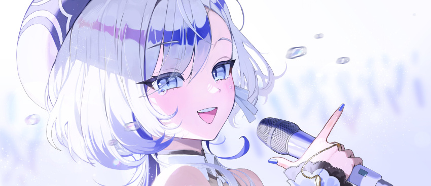 1girl, absurdres, bare_shoulders, blue_eyes, blue_hat, blue_nails, blue_streaks, blurry, blurry_background, blush, clothing_cutout, finger_gun, hat, hebi_(vtuber), highres, holding, holding_microphone, indie_virtual_youtuber, jewelry, lace-trimmed_sleeves, lace_trim, looking_at_viewer, microphone, multicolored_hair, open_mouth, poni13101, ribbon, ring, shoulder_cutout, solo, streaked_hair, tears, virtual_youtuber, white_hair, wireless_microphone