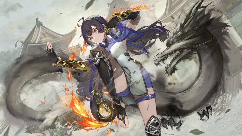 architecture, black_hair, braid, breasts, china_dress, chinese_clothes, dragon, dress, east_asian_architecture, eastern_dragon, fingerless_gloves, gloves, highres, leg_armor, leg_up, medium_breasts, red_eyes, shorts, smile, starward, sunga2usagi, twintails, xiaoling_(starward)