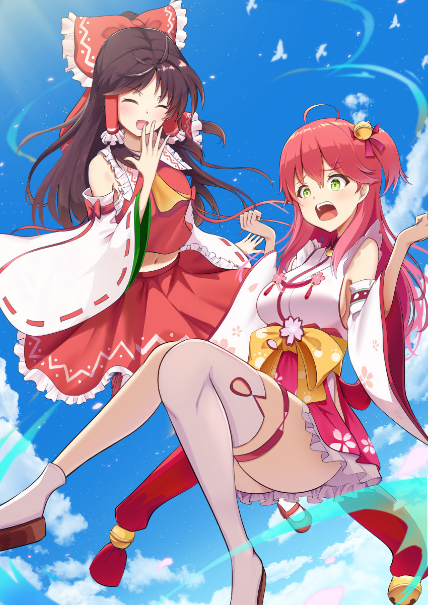 2girls, absurdres, bird, black_hair, blue_sky, closed_eyes, clouds, detached_sleeves