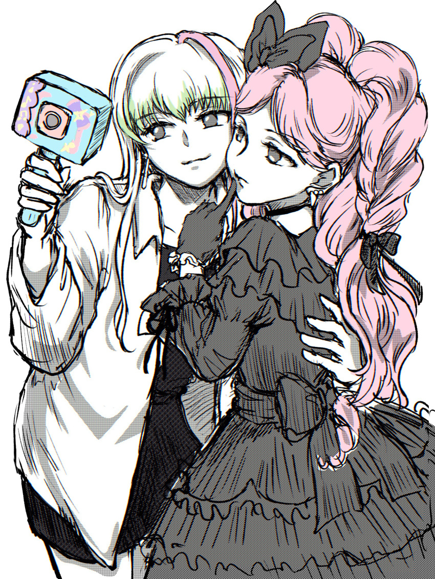 2girls, absurdres, amitukichi, bare_legs, black_choker, black_dress, black_gloves, blunt_bangs, braid, camera, casual, choker, closed_mouth, cure_kiss, cure_zukyuun, dress, earrings, frilled_dress, frilled_skirt, frilled_sleeves, frills, gloves, goth_fashion, gothic_lolita, green_hair, hair_ribbon, hands_on_another's_back, highres, holding, holding_camera, jacket, jewelry, kimi_to_idol_precure, lolita_fashion, long_hair, mature_female, multiple_earrings, multiple_girls, open_clothes, open_jacket, parted_bangs, partially_colored, pearl_earrings, pink_hair, pointing, pointing_at_self, pointing_up, precure, recording, ribbon, selfie, selfie_stick, shirt, skirt, smile, tight_clothes, tight_shirt, touching_another's_back, twin_braids, twintails, upper_body, very_long_hair, white_jacket
