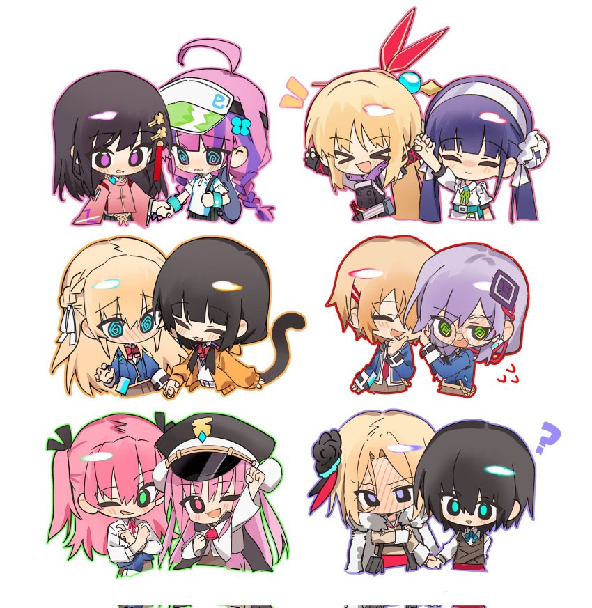 6+girls, ahoge, aikawa_megumi, aoi_erika, apron, aqua_eyes, asakura_karen_(heaven_burns_red), black_hair