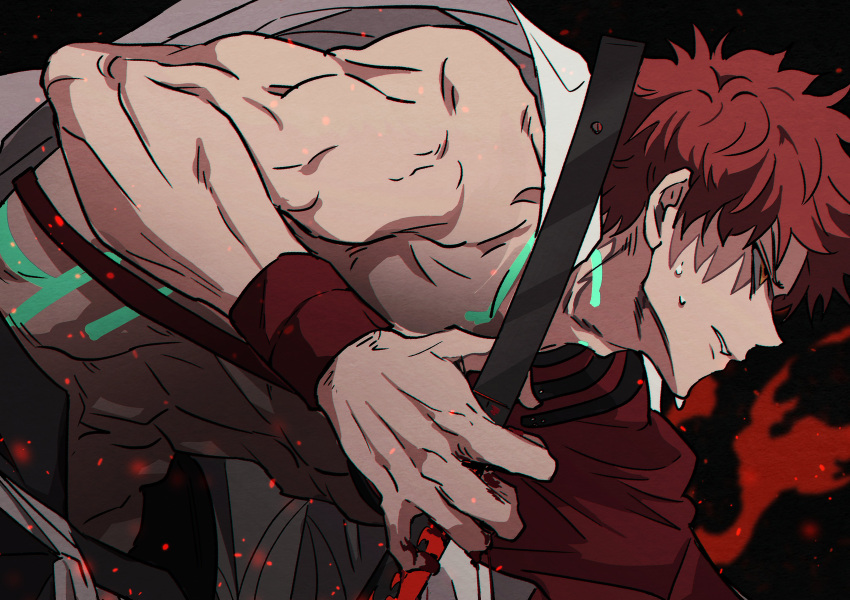 1boy, abs, absurdres, blood, cape, emiya_shirou, fate/grand_order, fate_(series)